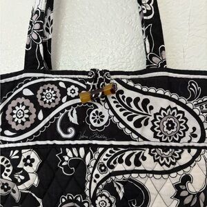 Vera Bradley black white paisley tote tortoise button fabric like new